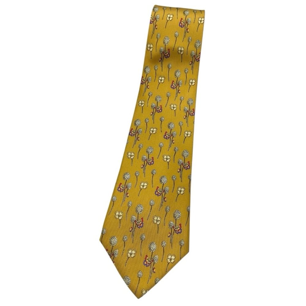 NEW SALVATORE FERRAGAMO Men's 100% Silk Necktie LUXURY Tie Mustard Floral W:3.8"